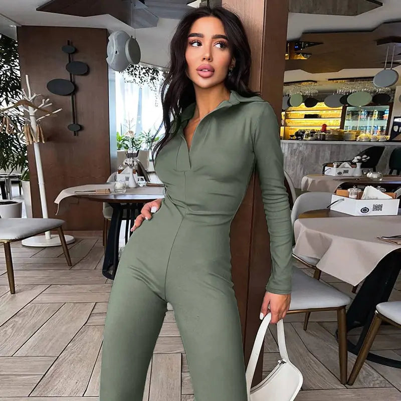 Yarzio Long Sleeve V-Neck Skinny Jumpsuit